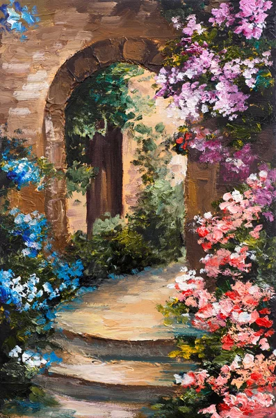 Картина маслом - летняя терраса, красочные цветы в саду, дом в Греции — стоковое фото