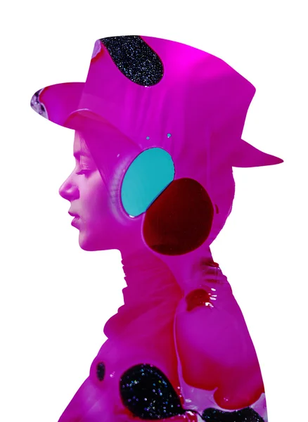 Двойная экспозиция девушки носить шляпу и абстрактного фона — стоковое фото