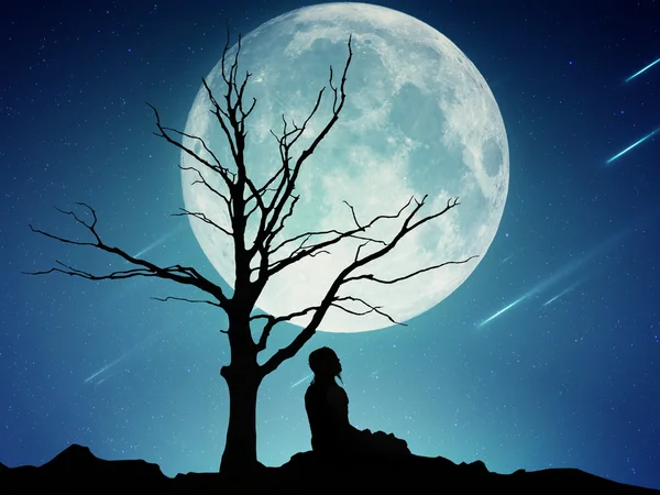Силуэт медитации человека на фоне неба moonlight Стоковое Изображение