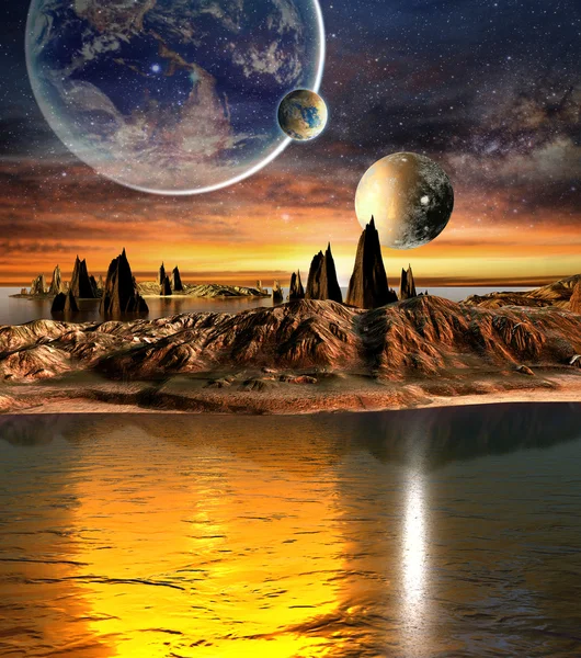 Alien Planet, Earth, Moon And Mountains . Стоковое Изображение