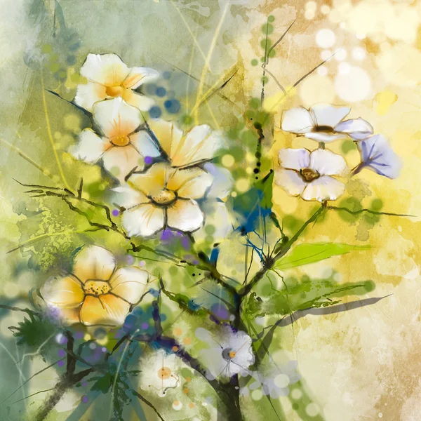 Акварель, живопись белый Вишня расцветает - японская вишня - Сакура цветочные в мягкий желтый зеленый цвет и размытым фон Стоковое Изображение