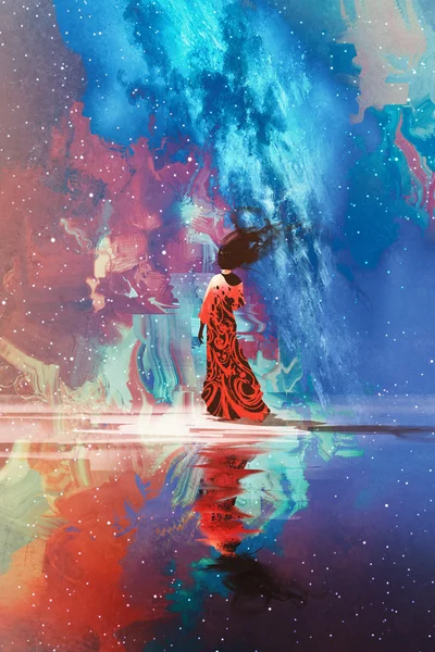 Женщина, стоящая на воде против вселенной заполнен — стоковое фото
