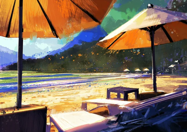 Зонтики и шезлонги на пляже Лицензионные Стоковые Изображения
