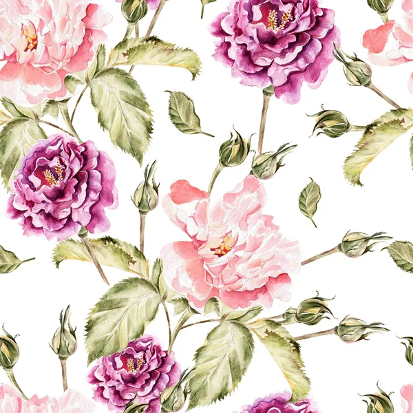 Акварель картины с цветами, пионы и розы, бутоны и лепестки — стоковое фото