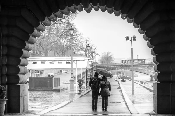 Любители пара идет на Sein Quai в Париже в дождливый день — стоковое фото
