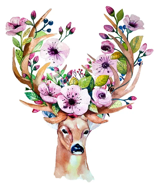 Рука нарисованные оленей с цветами — стоковый вектор