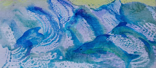 Акварель картины дельфинов семьи в голубые волны Лицензионные Стоковые Фото