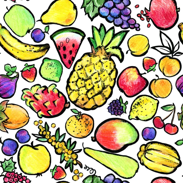 Fruit seamless pattern. Fruit colored pencil sketch. grapes, apple, pear, watermelon, peach, pomegranate, cherry, plum, lemon, lime, strawberry colored pencil sketch Лицензионные Стоковые Изображения