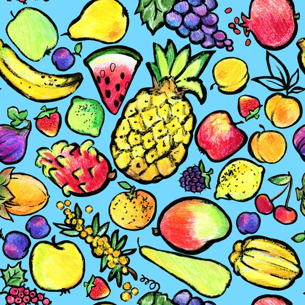 Fruit seamless pattern. Fruit colored pencil sketch. grapes, apple, pear, watermelon, peach, pomegranate, cherry, plum, lemon, lime, strawberry colored pencil sketch Лицензионные Стоковые Фото