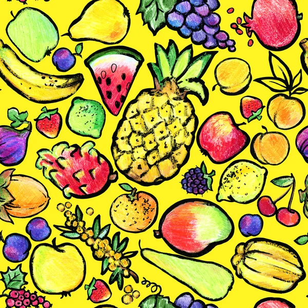 Fruit seamless pattern. Fruit colored pencil sketch. grapes, apple, pear, watermelon, peach, pomegranate, cherry, plum, lemon, lime, strawberry colored pencil sketch Стоковая Картинка