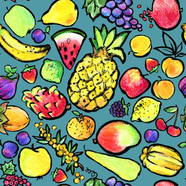 Fruit seamless pattern. Fruit colored pencil sketch. grapes, apple, pear, watermelon, peach, pomegranate, cherry, plum, lemon, lime, strawberry colored pencil sketch Лицензионные Стоковые Фото