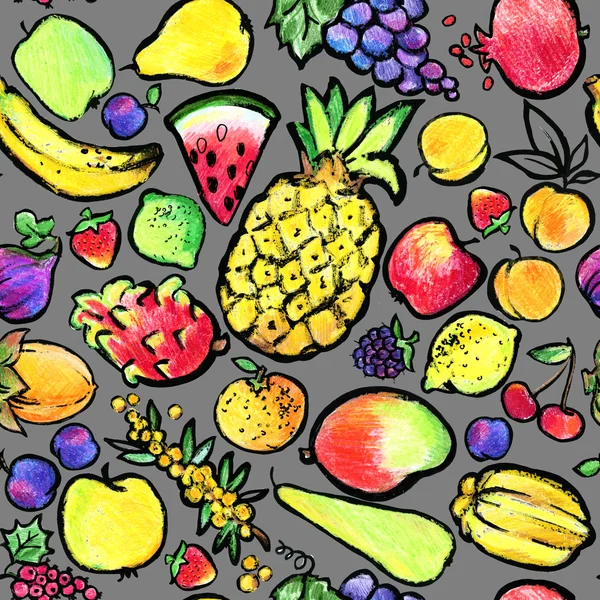 Fruit seamless pattern. Fruit colored pencil sketch. grapes, apple, pear, watermelon, peach, pomegranate, cherry, plum, lemon, lime, strawberry colored pencil sketch Стоковое Изображение