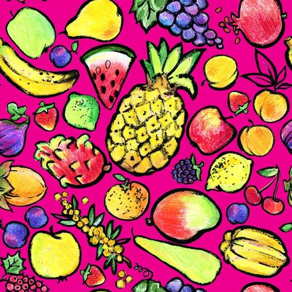 Fruit seamless pattern. Fruit colored pencil sketch. grapes, apple, pear, watermelon, peach, pomegranate, cherry, plum, lemon, lime, strawberry colored pencil sketch Лицензионные Стоковые Фото