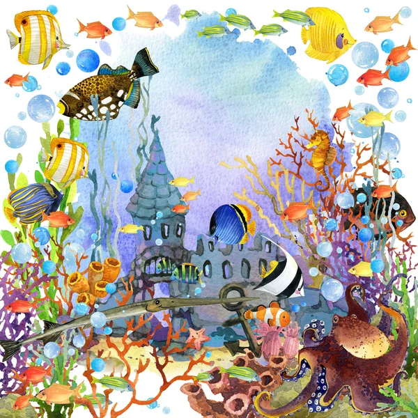 Подводный мир. Коралловый риф рыб Акварельные иллюстрации — стоковое фото