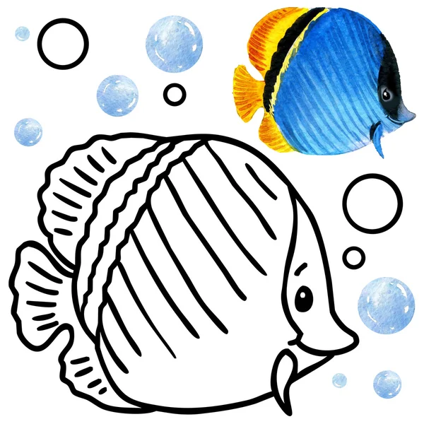 Окраска книга коралловым рифам фауной. Мультфильм рыбы иллюстрации. Развлечения для детей — стоковое фото