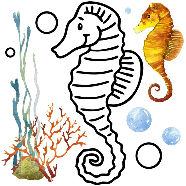 Окраска книга коралловым рифам фауной. Мультфильм рыбы иллюстрации. Развлечения для детей — стоковое фото