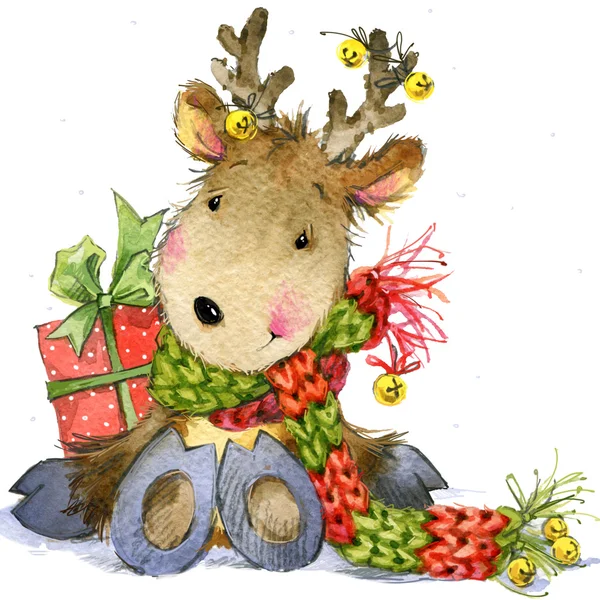 Смешные оленей Санта-Клауса. Акварельные иллюстрации для новый год и рождественские украшения Стоковое Изображение