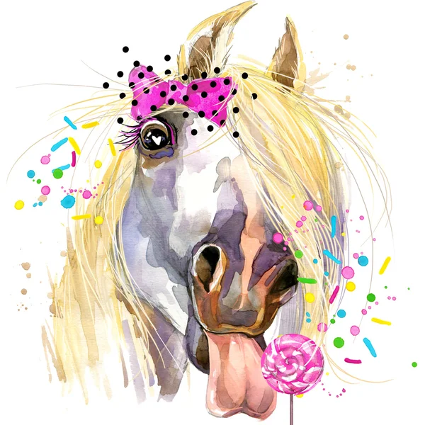 Лошадь белая футболка графики. Иллюстрация лошадь с всплеск акварель текстурированном фоне. Необычный рисунок акварелью лошадь для моды печати, плакат, Текстиль и дизайн моды Лицензионные Стоковые Изображения