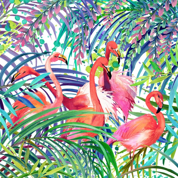 Экзотические тропические леса, зеленые листья, дикой природы, птицы Фламинго Акварельные иллюстрации. Акварель фон необычный экзотической природы. Фламинго Иллюстрация Лицензионные Стоковые Фото