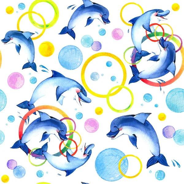 Акварель дельфины игры. Бесшовные рисованной Watercolor Дельфины играют для печати, ткани, записках, оберточная бумага дизайн шаблона. акварель дельфин. Дельфинарий фон Стоковое Фото