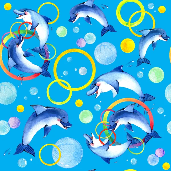 Акварель дельфины игры. Бесшовные рисованной Watercolor Дельфины играют для печати, ткани, записках, оберточная бумага дизайн шаблона. акварель дельфин. Дельфинарий фон Стоковая Картинка