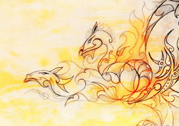 Drawing of ornamental dragon on old paper background and sepia color structure, computer collage. Стоковая Картинка