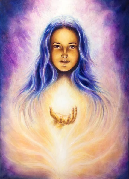 Красивая картина маслом на холсте Женщина Богиня Лада с длинные синие волосы, проведение sourceful белый свет на ладошку, контакт глаз — стоковое фото