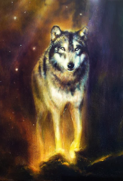 Волк портрет, могучий космических волк, ходьбы от света, красиво подробные живопись маслом на холсте Стоковое Фото