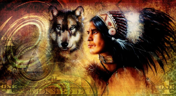 Один доллар коллаж с Индийский мужчина воин с волком, украшение фон Лицензионные Стоковые Изображения