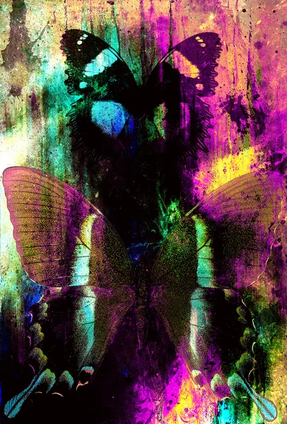 Аннотация цвет фона с бабочка, картина коллаж с пятнами, структура ржавчины и украшений Лицензионные Стоковые Фото