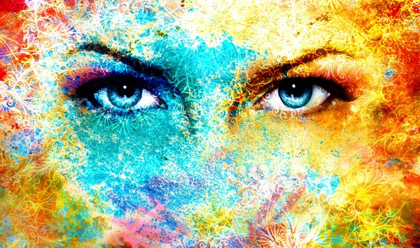 Синий богиня женщин глаз, многоцветный фон с восточными Мандала орнамент. зрительный контакт Лицензионные Стоковые Изображения