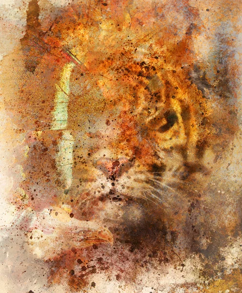 Нежный портрет Тигр с крыльями орла и бабочка... Ретро, старая бумага структура и цвет абстрактный фон. Животных концепция — стоковое фото