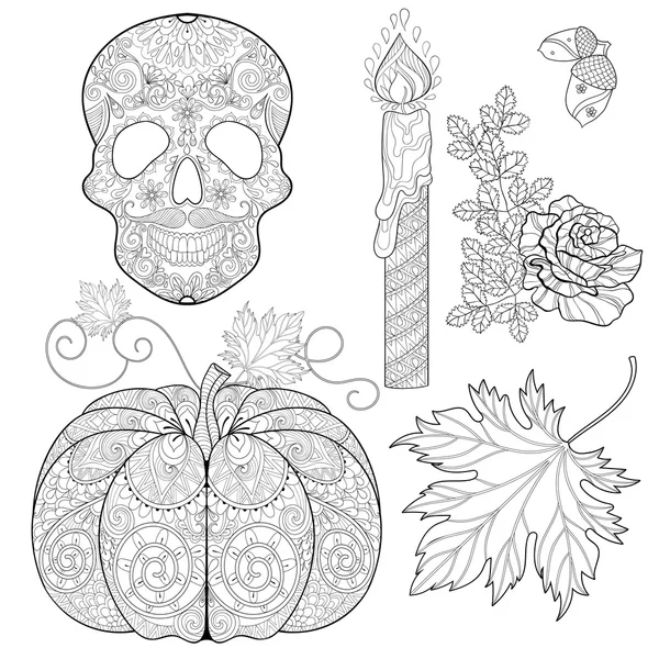 Zentangle stylized Skull, candle, rose, oak acorn, pumpkin, aut Стоковая Картинка