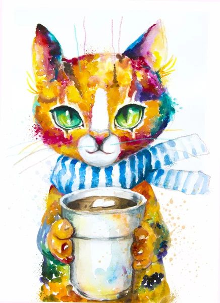Акварель кошка с кофе Кубок — стоковое фото