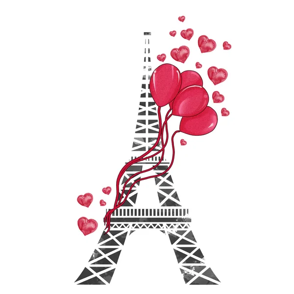 Акварель рисованной иллюстрации - Эйфелева башня с баллонов и сердца — стоковое фото