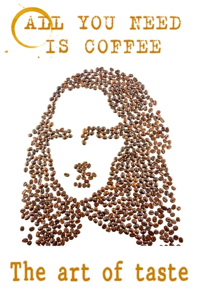 A face of a young woman arranged from coffee beans. Стоковое Фото