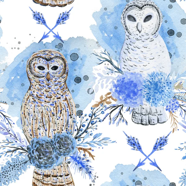 Seamless pattern with watercolor owls, tree branches, and flowers. Vintage hand drawn illustration — стоковое фото