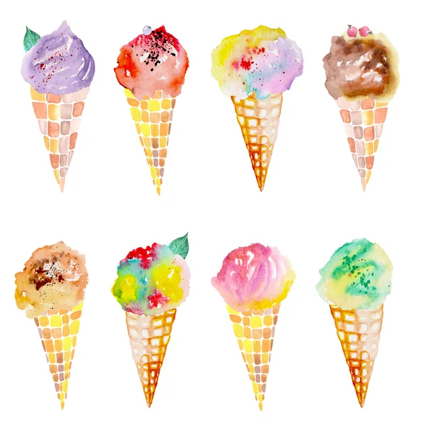 Set, collection with the watercolor ice cream cone Стоковое Фото