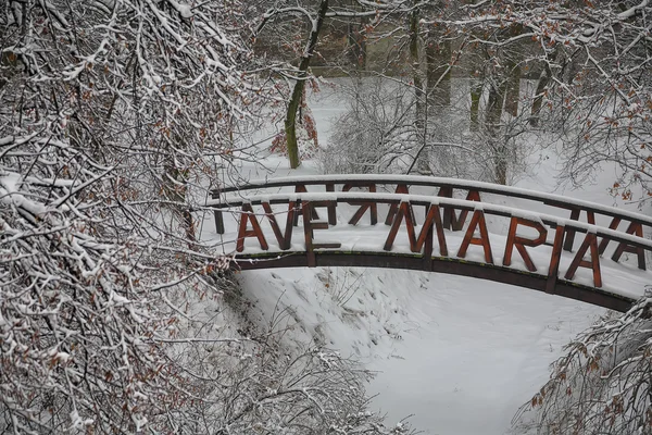 Оригинальные снежк покрынными мост в городском парке — стоковое фото