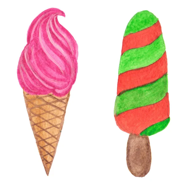 Hand painted real watercolor ice cream cone and fruit ice illust Стоковое Фото