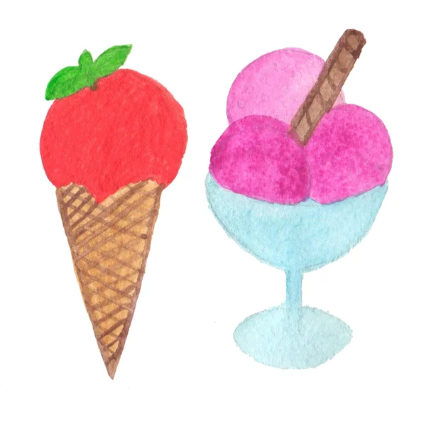 Hand painted real watercolor ice cream cone illustration. Лицензионные Стоковые Фото