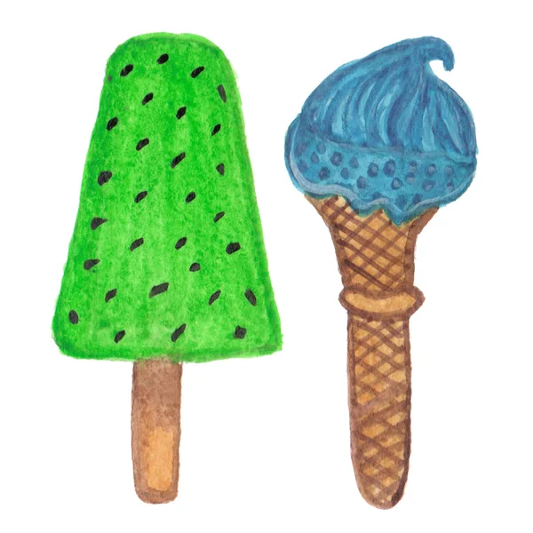 Hand painted real watercolor ice cream cone and fruit ice Лицензионные Стоковые Изображения