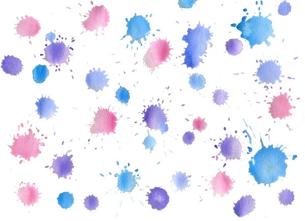 Hand painted real watercolor pink, blue, purple splashes, spots on a white background. Лицензионные Стоковые Изображения