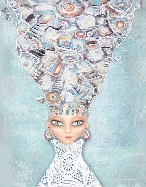 Девушка с абстрактными волосами на холодный светло фоне гранж. Загадочный, интересная дама. Может использоваться для печати на различных продуктов, таких как посуда, упаковка, календари, коробки, подарки, альбомы и т.д. — стоковое фото