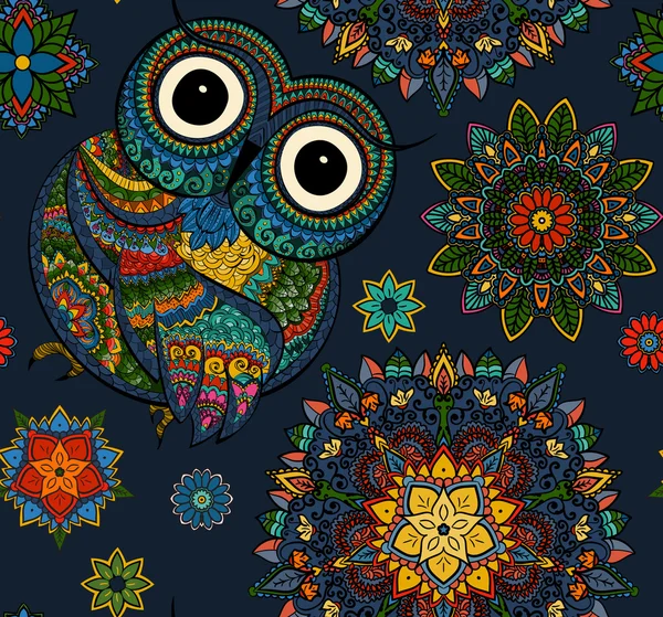 Бесшовные с декоративной цветной сова с цветами и мандалы. Африканской, индийской, тотем, дизайн татуировки. Он может быть использован для дизайна футболки, сумки, открытки, плакат и т.д. — стоковое фото