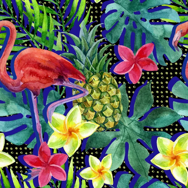 Тропические акварель ананас, цветы и листья с тенями Стоковая Картинка