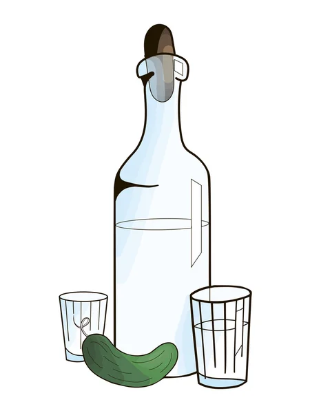 Бутылка с водкой и огурец векторные иллюстрации — стоковый вектор
