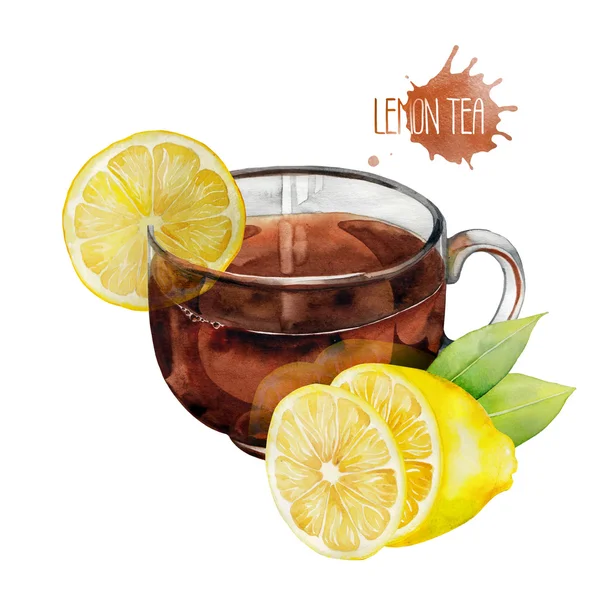 Кубок акварель чай с лимоном — стоковое фото