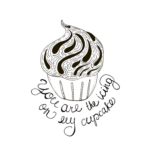 Black and white doodle typography poster with cupcake. Cartoon cute card with lettering text - You are the icing on my cupcake. Hand drawn vector illustration. Стоковая Иллюстрация