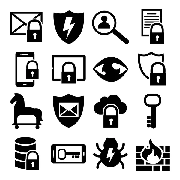 Information Technology Security Icons IT Website Icons - Firewall, Trojan Horse, Virus, Lock, Key Symbol Set — стоковый вектор